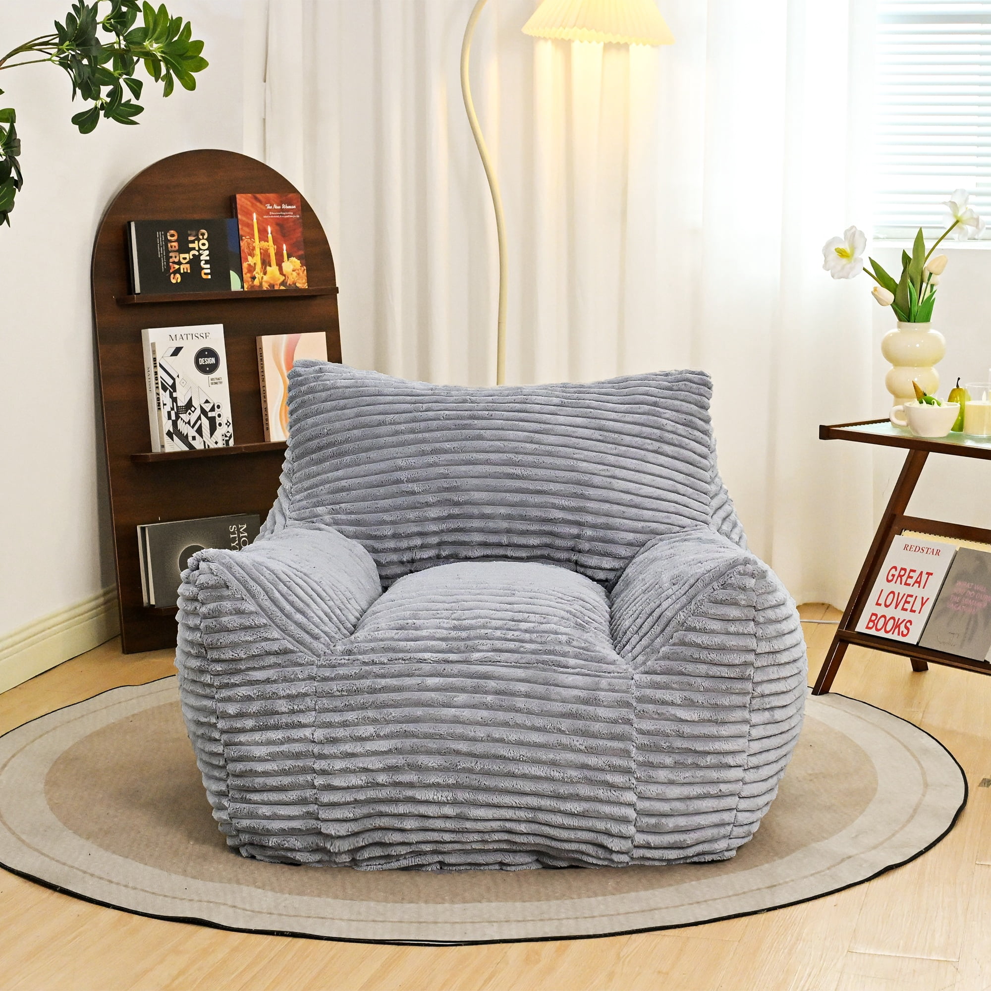 Ywen Bean Bag Chair for Adults & Kids, Giant Bean Bag Sofa with Side Pocket, Corduroy Beanbag Chair with Armrests, Comfy Stuffed Floor Sofa for Living Room Bedroom Dorm,Light Gray