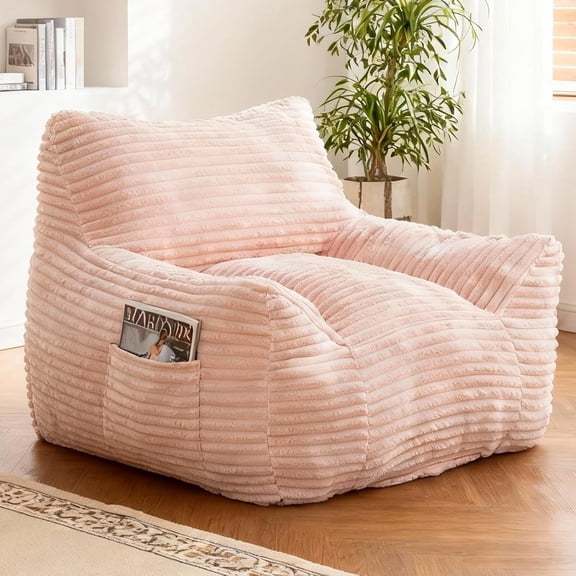 Ywen Bean Bag Chair for Adults & Kids, Giant Bean Bag Sofa with Side Pocket, Corduroy Beanbag Chair with Armrests, Comfy Stuffed Floor Sofa for Living Room Bedroom Dorm, Pink