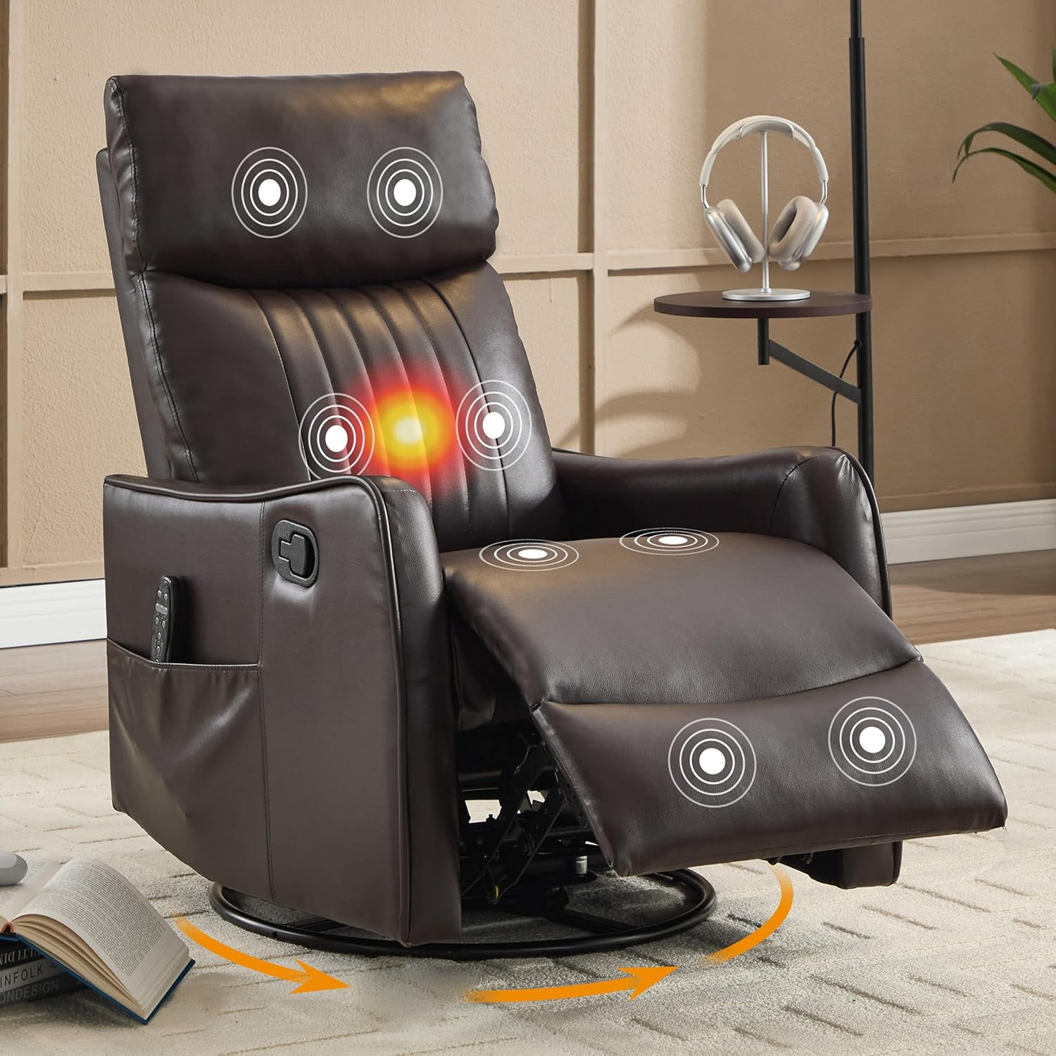 Ywen Manual Swivel Rocker Recliner Chair for Adults, Overstuffed Recliner Glider with Massage and Heat, Living Room Reclining Chair, PU Leather Dark Brown
