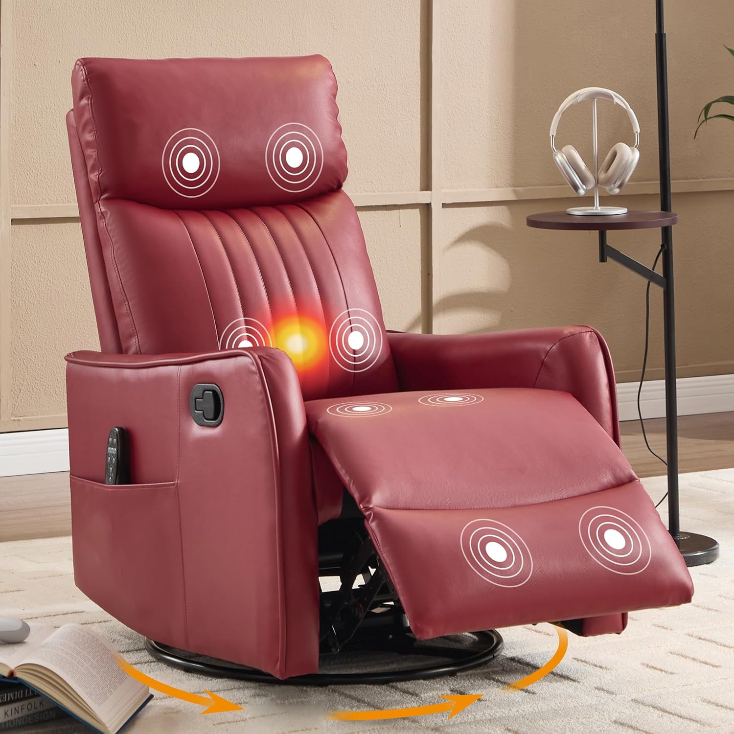 Ywen Manual Swivel Rocker Recliner Chair for Adults, Overstuffed Recliner Glider with Massage and Heat, Living Room Reclining Chair, PU Leather Red
