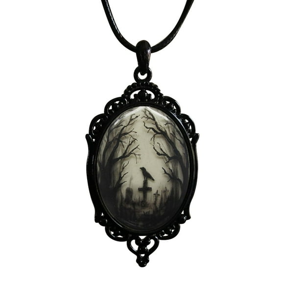 Ywman Raven Cross Glass Pendant Necklace - Vintage Gothic Rope Chain Crow Choker - Mystic Witch Jewelry Gift Accessories for Halloween Party Jewelry Gifts