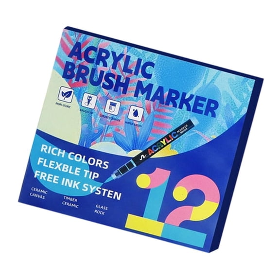 Ywmsfl 12 Color Liquid Acrylic Marker Brush Tip Acrylic Paint Pen for Journaling Drawing on Paper Stone Rock Canvas Wood Glass