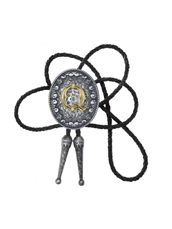 Classical Rodeos Bolotie Necktie with Metal Initial Letter Pendant Faux Cord Necklace for Western Enthusiasts