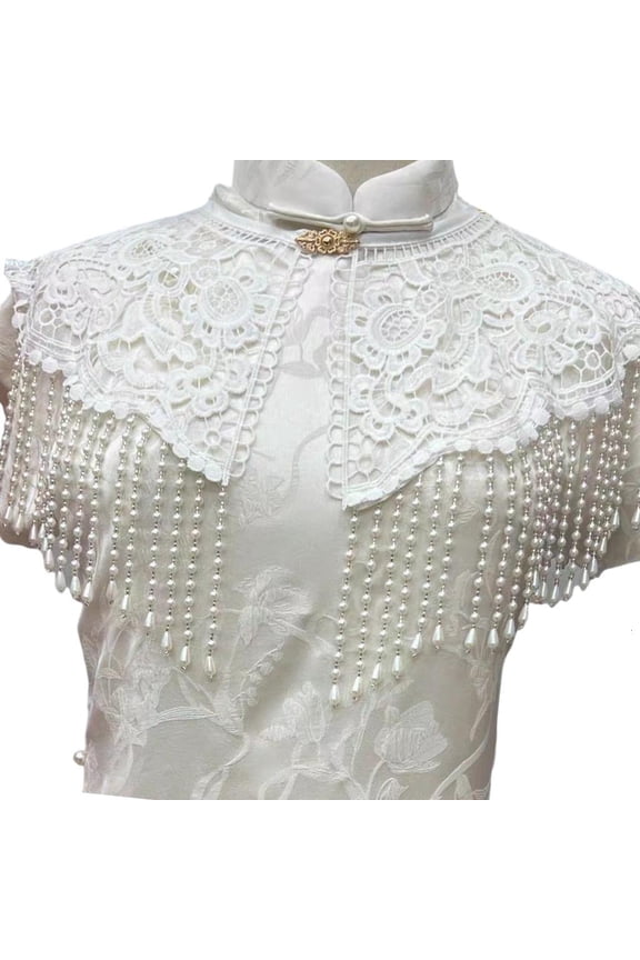 Imitation Pearls Embellished Cloud Shoulder Scarf Lightweight Polyester Blend Capelet Shawl for Festivals Daily Wear