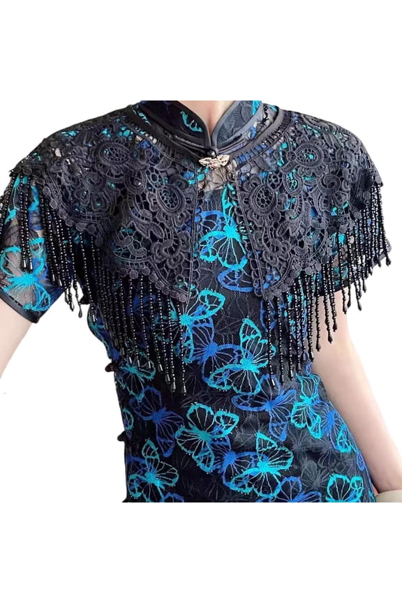 Imitation Pearls Embellished Cloud Shoulder Scarf Lightweight Polyester Blend Capelet Shawl for Festivals Daily Wear