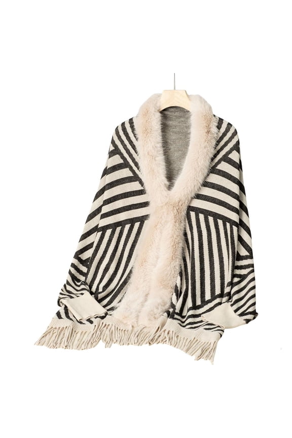 Loose Fit Collar Shrug Cardigan Knit Striped Long Sleeve Open Front Sweater Shawl Cloak for Women Ponchos Capes
