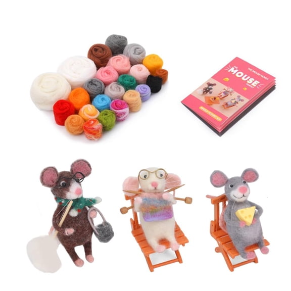 Ywmsfl Mouse Family Needle Felting Set Mouse Family Wool Felted Set with Felting Needle Instruction Wool Roving for Beginner