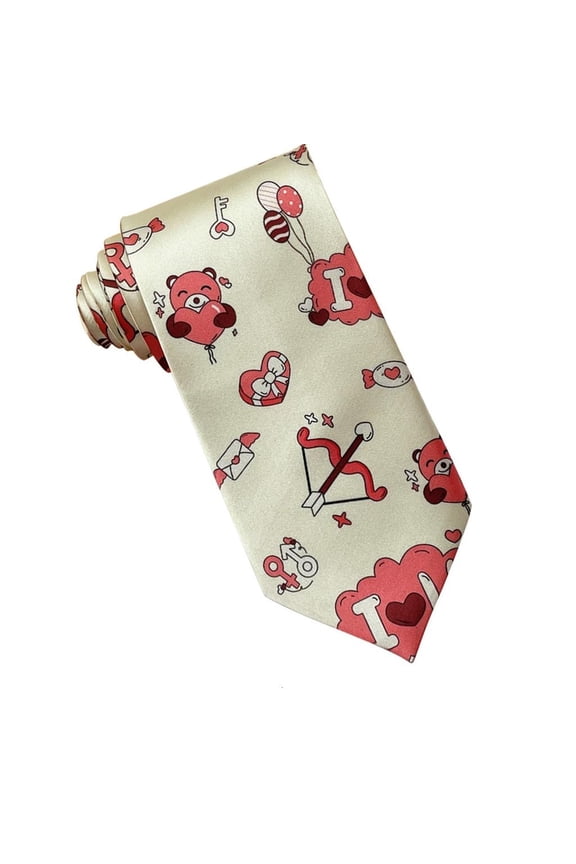 Romantics Bear Rose Heart Design Neck Tie For Men Adjustable Soft Silk Like Fabric Long Tie For Special Occasion
