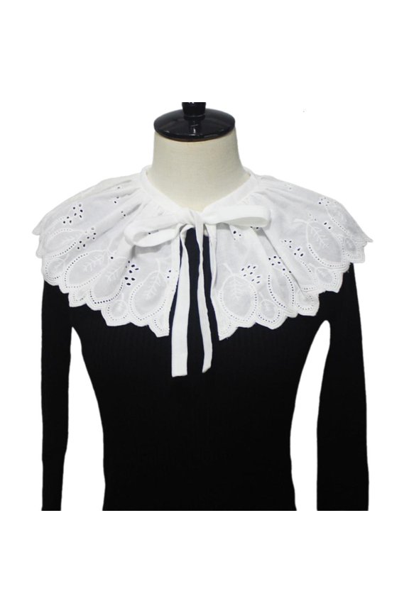 Women Elegant Detachable False Collar Pleated Ruffle Shawl Scarf Hollow Embroidery Leaves Ribbon Tie Up Boleros Capelet