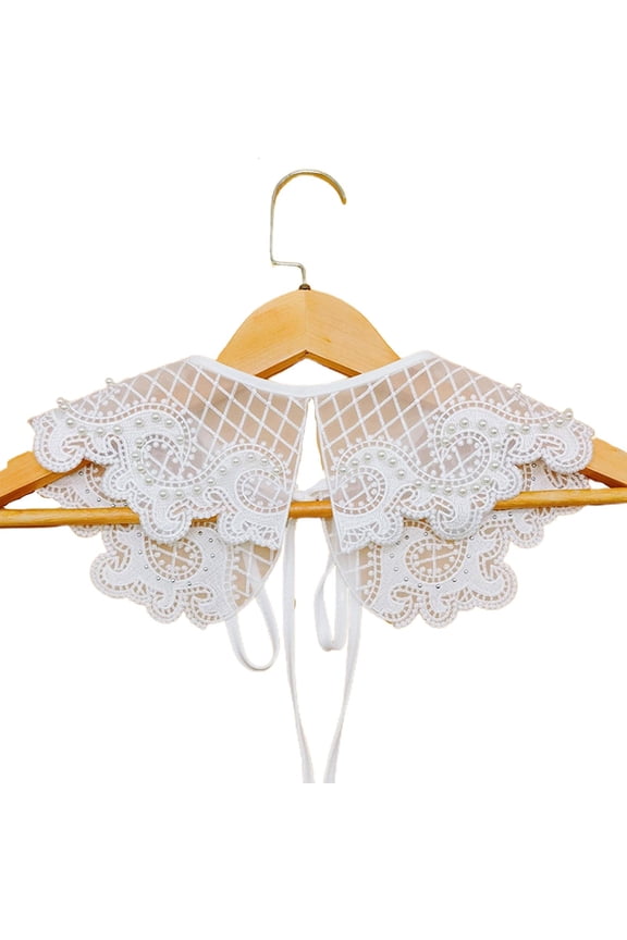 Women Vintage Lace Fake False Collar Shawl Embroidery Sea Pattern Pearl Beaded Necklace Scarf Organza Mesh Capelet Poncho