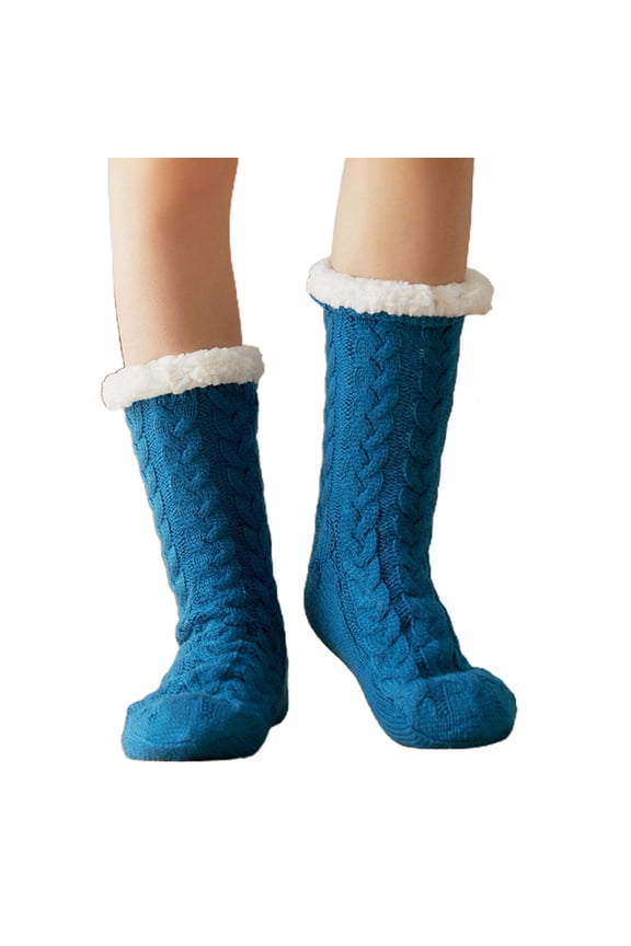 Women Winter Warm Thick Knit Plush Lined Slipper Socks Solid Color Chunky Cable Crochet Soft Fuzzy Cozy Sleeping Hosiery