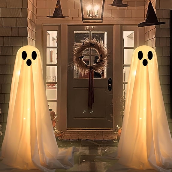Ywuzuh 2 Pack Halloween Decor Halloween House Decor Light Up Ghost-Lighted Spooky Ghost Decor with Led String Lights for Home Outside Porch Garden Yard Lawn Party Decorations