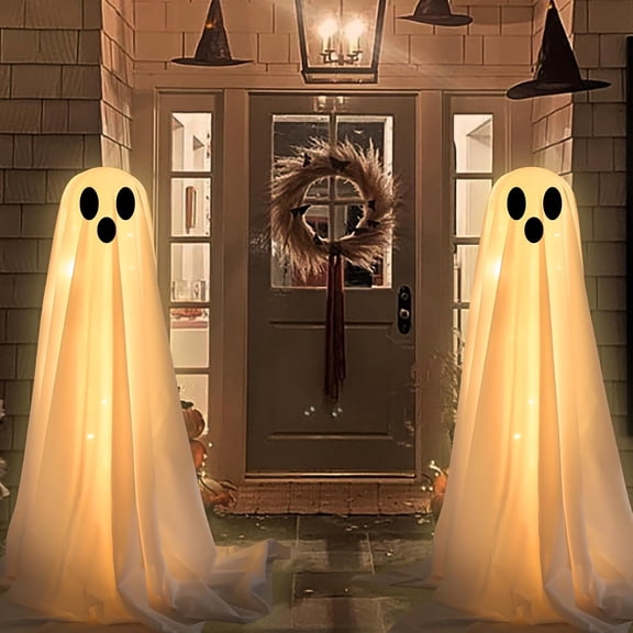 Ywuzuh 2 Pack Halloween Decor Halloween House Decor Light Up Ghost-Lighted Spooky Ghost Decor with Led String Lights for Home Outside Porch Garden Yard Lawn Party Decorations