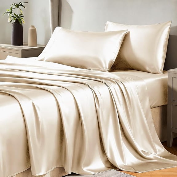 Ywuzuh Bed Sheets King/Queen/Full/Twin Size Champagne Luxury Silky Satin Summer Sheet Soft Breathable Cool & Wrinkle-Free Easy-Care, Shrink & Fade Resistant Flat Sheets Only Gift for Your Bestie