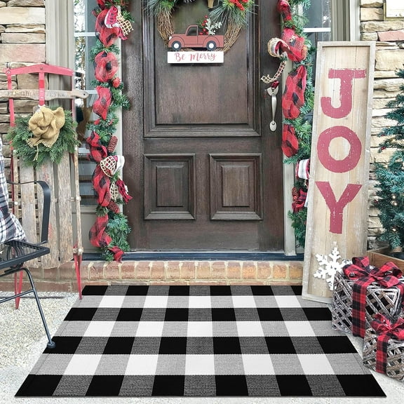Ywuzuh Buffalo Plaid Outdoor Rug Black and White Check Rug Front Porch Rug Machine Washable Hand-Woven Layered Door Mats for Front Porch,Farmhouse Decor,Front Door Decor
