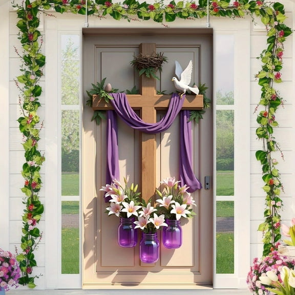 Ywuzuh Easter Decorations He Is Risen Easter Door Cover Banner Floral Cross Christian Backdrop Door DecorationsPerfect for Front Door Decoration, Porch Decor, or Easter Party Backdrop71x35 Inch