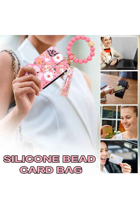 Gifts for Women Under 5 Dollars, Boho Wristlet Wallet for Women Orange, Beaded Flower Pattern Keychain Wallet, Slim PU Leather Card Holder with Tassel, Cute Silicone Bead Bracelet Wallet
