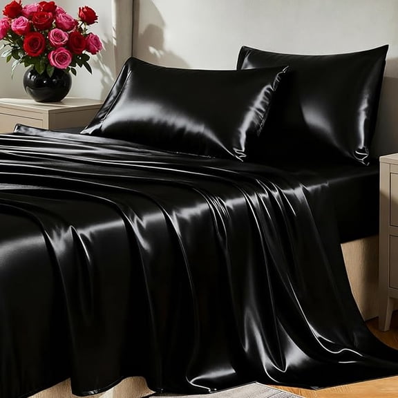 Ywuzuh King/Queen/Twin/Full Size Bed Sheets Under 10 Black Luxury Silky Satin Summer Sheet Soft Breathable Cool & Wrinkle-Free Easy-Care, Shrink & Fade Resistant Flat Sheets Only Mother's Day Gifts