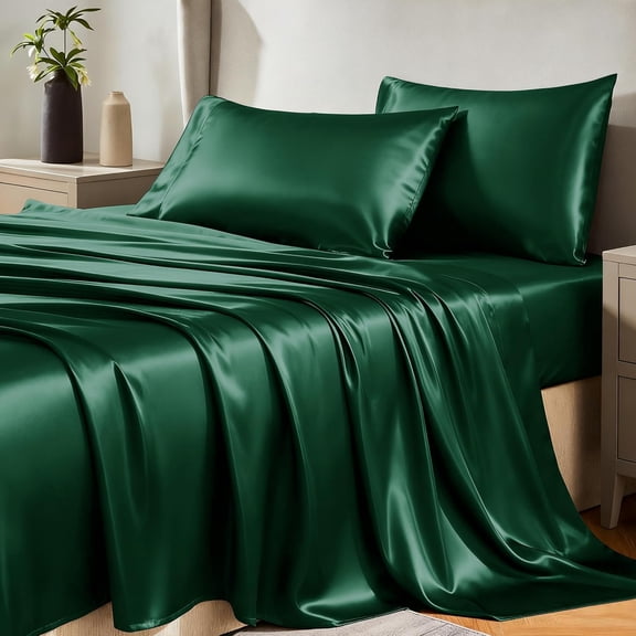 Ywuzuh King/Twin/Full/Queen Bed Sheets Clearance Green Silky Satin Bed Sheet Summer Luxury Breathable Cooling Wrinkle-Free Easy-Care, Fade & Shrink Resistant Flat Sheets Only Housewarming Gifts