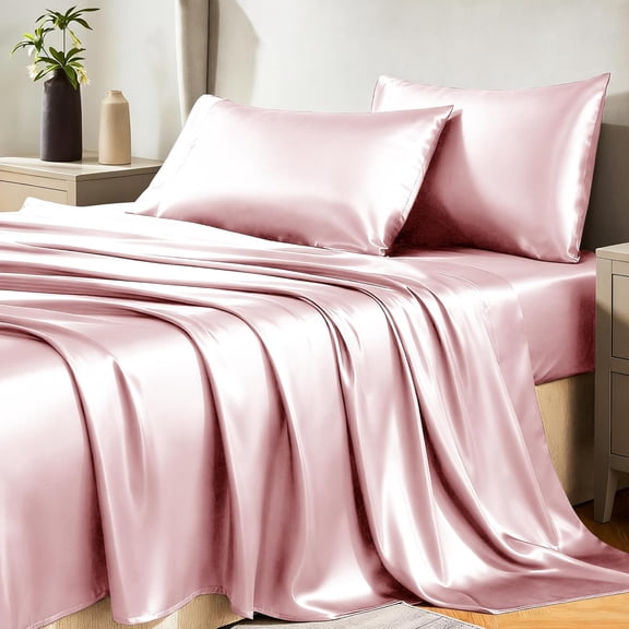 Ywuzuh Twin/Full/Queen/King Bed Sheets Pink Silky Satin Summer Bed Sheet Luxury Breathable Cooling Wrinkle-Free Easy-Care, Fade & Shrink Resistant Flat Sheets Only Mother's Day Gifts