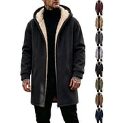Ywyfzly Mens Hooded Fleece Coat Zip Up Sherpa Lined Long Jacket with Pockets Solid Color Warm Winter Outerwear Black L