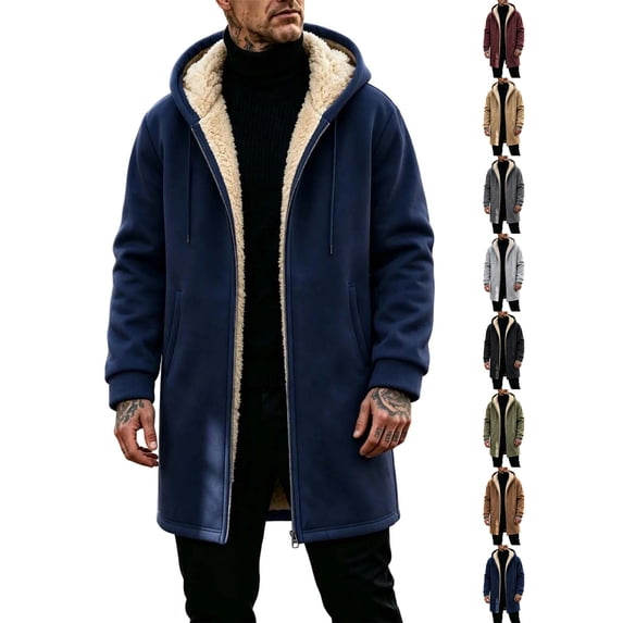 Ywyfzly Men's Hooded Fleece Coat Zip Up Sherpa Lined Long Jacket with Pockets Solid Color Warm Winter Outerwear Navy M