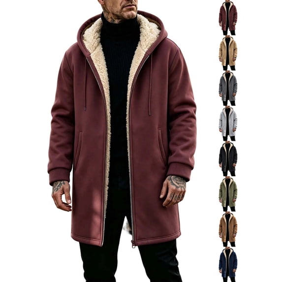 Ywyfzly Men's Hooded Fleece Coat Zip Up Sherpa Lined Long Jacket with Pockets Solid Color Warm Winter Outerwear Wine XXL