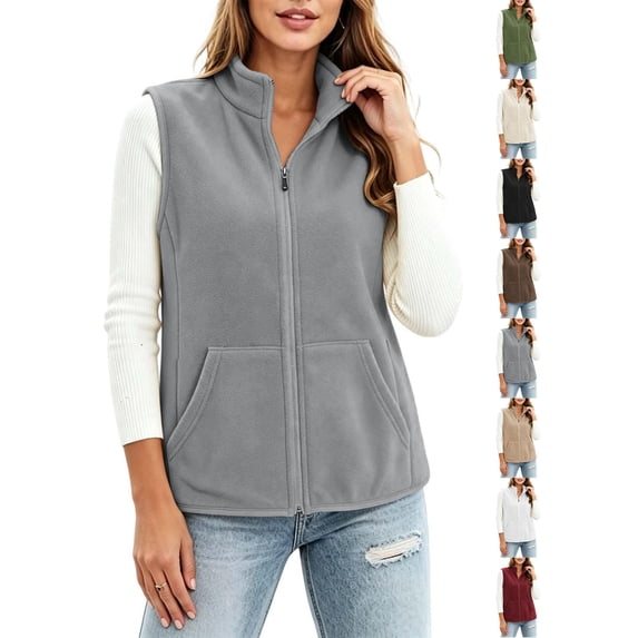Ywyfzly Women's Fleece Vest Zip Up Stand Collar Sleeveless Gilet with Pockets Warm Casual Fall Winter Outerwear Gray XXXL