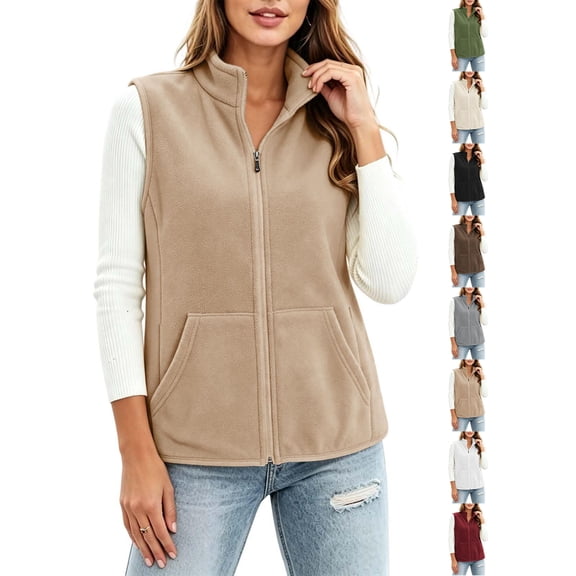 Ywyfzly Women's Fleece Vest Zip Up Stand Collar Sleeveless Gilet with Pockets Warm Casual Fall Winter Outerwear Khaki L