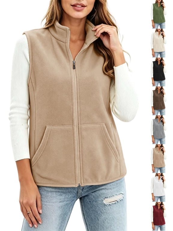 Women's Fleece Vest Zip Up Stand Collar Sleeveless Gilet with Pockets Warm Casual Fall Winter Outerwear Khaki L