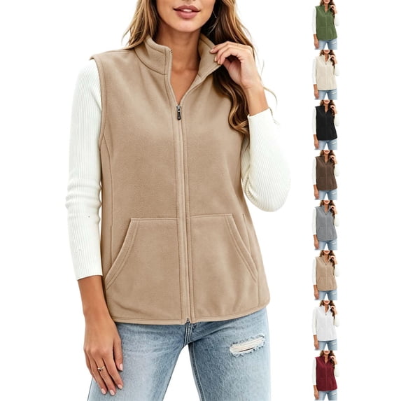 Ywyfzly Women's Fleece Vest Zip Up Stand Collar Sleeveless Gilet with Pockets Warm Casual Fall Winter Outerwear Khaki XXXL
