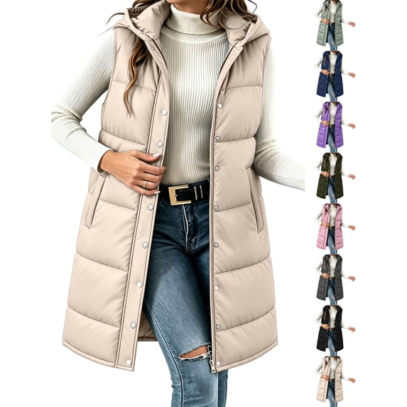 Ywyfzly Women's Long Puffer Vest Hooded Zip Up Sleeveless Padded Gilet with Pockets Solid Color Fall Winter Outerwear Beige XXL