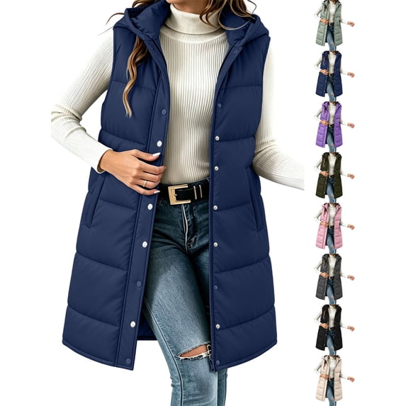 Ywyfzly Women's Long Puffer Vest Hooded Zip Up Sleeveless Padded Gilet with Pockets Solid Color Fall Winter Outerwear Dark Blue XL