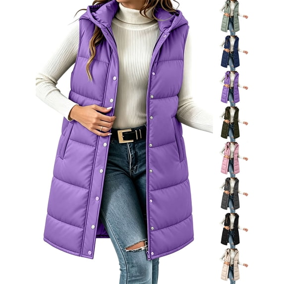 Ywyfzly Women's Long Puffer Vest Hooded Zip Up Sleeveless Padded Gilet with Pockets Solid Color Fall Winter Outerwear Purple XL