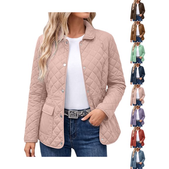 Ywyfzly Women's Quilted Jacket Snap Button Lapel Collar Mid Length Coat with Pockets Loose Fit Casual Fall Winter Outerwear Pink XL
