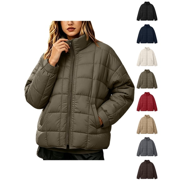 Ywyfzly Women's Quilted Puffer Jacket Zip Up Stand Collar Short Coat with Pockets Loose Fit Lightweight Fall Winter Outerwear Army Green XL