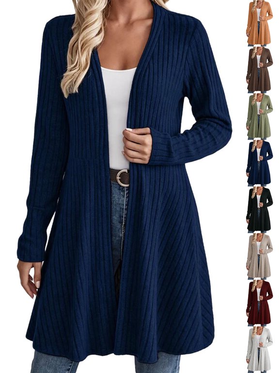 Women's Ribbed Knit Open Front Cardigan Long Sleeve V-Neck Longline Duster Coat with Pockets Casual Fall Winter Outerwear Navy L