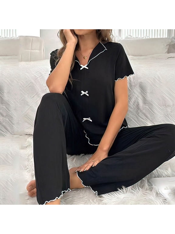 2 Piece Lounge Sets for Women Petite Pajamas Lapel V Neck Short Sleeve Tops Long Pants Lightweight Pajama Set for Home Wear S