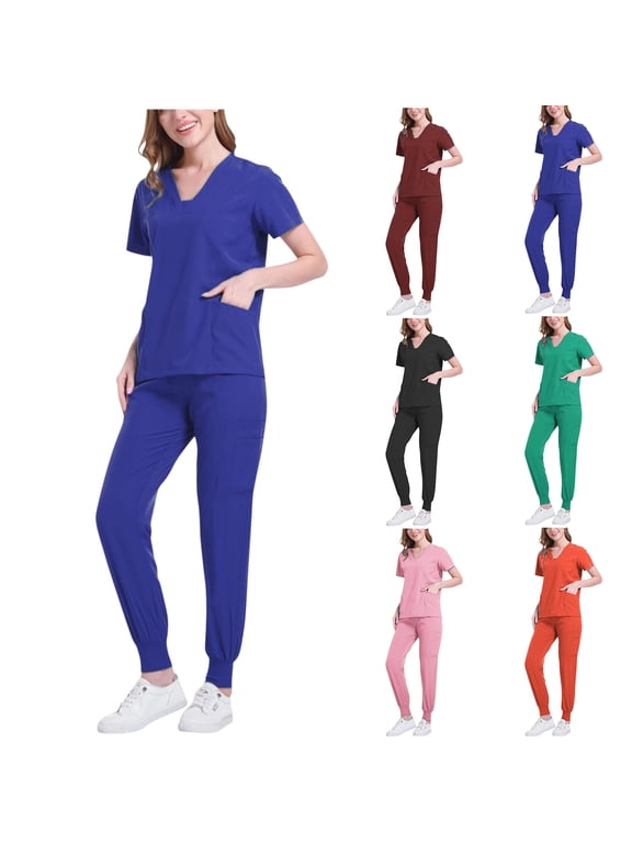 2 Piece Scrubs for Women Set V Neck Short Sleeve Scrub Tops and Jogger Pants Medical Scrubs Set Loose Nuring Uniforms with Pockets Orange M