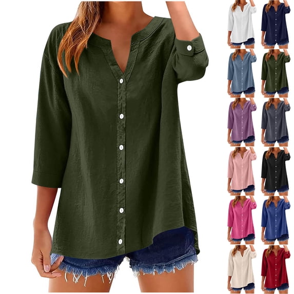 Yxbdin 3/4 Length Sleeve Womens Shirts Loose Fit Cotton Linen Button Down Blouses Casual V Neck Shirt Going Out Tops Summer Outfits Pink L