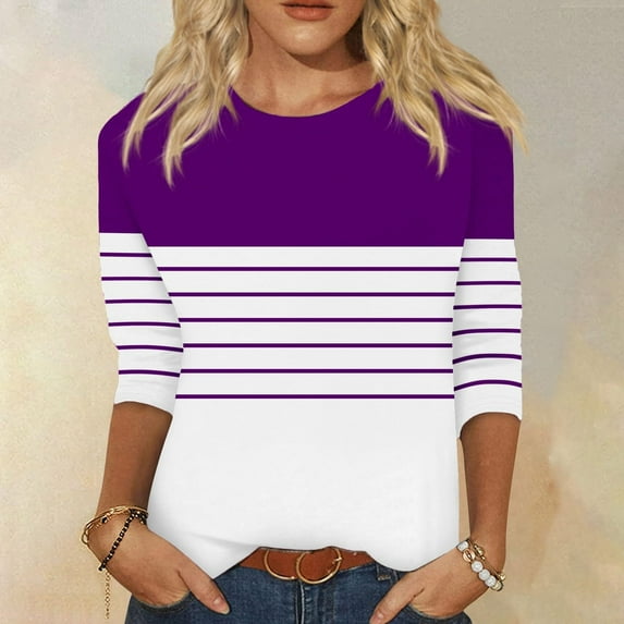 Yxbdin 3/4 Sleeve Shirts for Women Fashion Casual Striped T Shirts Crew Neck Tee Spring Going Out Tops Purple S