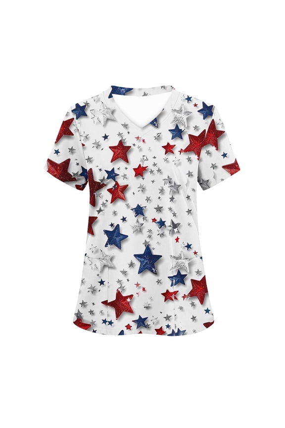 4th of July Scrub Tops for Women Printed Independence Day Nursing Uniform Soft Stretch Short Sleeve Working Uniform American Flag Scrubs with Pockets Multicolor L