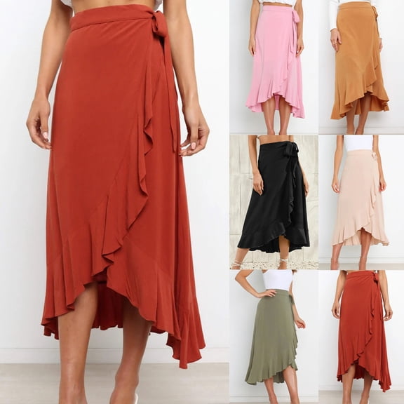 Yxbdin Asymmetrical Midi Skirts for Women Trendy Ruffle Wrap Boho Skirt Elegant Tie High Waist Flowy Skirt Outdoor Vacation A Line Beach Skirt