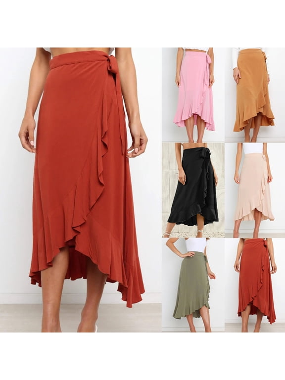Asymmetrical Midi Skirts for Women Trendy Ruffle Wrap Boho Skirt Elegant Tie High Waist Flowy Skirt Outdoor Vacation A Line Beach Skirt