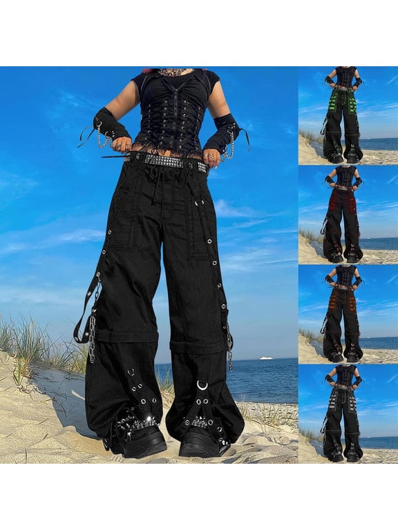 Baggy Y2k Pants for Women Trendy Goth Punk Wide Leg Pants Classic Bell Bottom Long Trousers Hip Hop Clothes Outdoor Travel Resort Wear