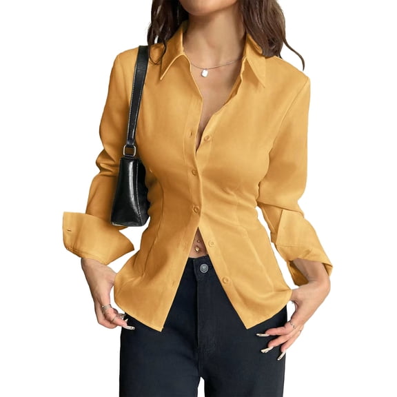 Yxbdin Botton Down Shirts for Women Long Sleeve Tops Dressy Casual V Neck Blouse Business Office Trendy Clothes Yellow S