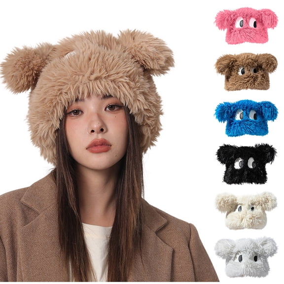 Yxbdin Bunny Beanies for Women Plush Dog Ear Slouchy Beanie Hat Y2k Warm Fuzzy Fashion Eyes Print Winter Hats for Cold Weather Free Size