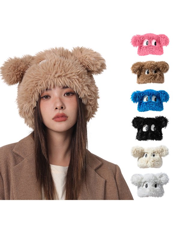 Bunny Beanies for Women Plush Dog Ear Slouchy Beanie Hat Y2k Warm Fuzzy Fashion Eyes Print Winter Hats for Cold Weather Free Size