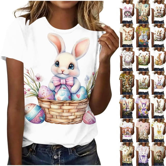Yxbdin Bunny Graphic Tee for Women Easter Eggs Graphic T Shirts Short Sleeve Crew Neck Shirts Cute Rabbit Tops for Holiday Orange XL