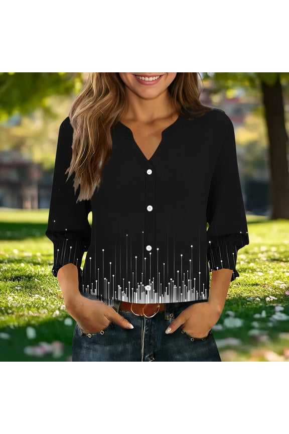 Button Down Blouses for Women 3/4 Sleeve Printed Shirts Casual Loose V Neck Shirt Loose Fit Summer Tops Black XXL